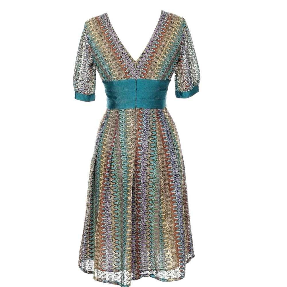 Kay Unger Teal Waistband Multicolor Zigzag Midi Dress